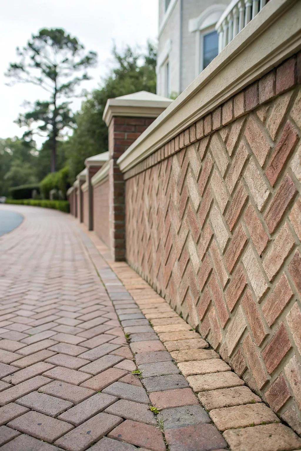 Intricate brick patterns add visual interest to this driveway wall.