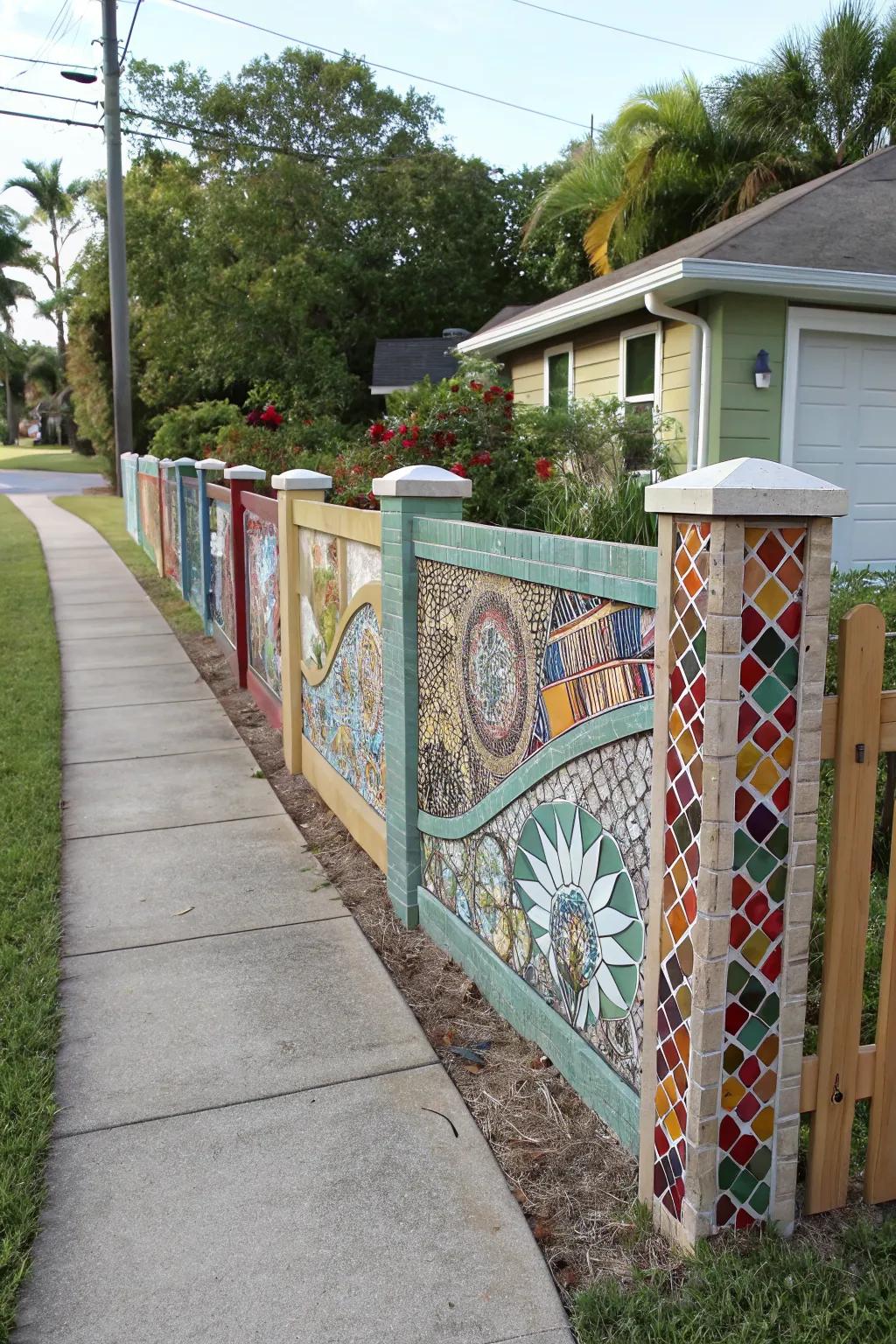 A mosaic fence transforms your driveway into a vibrant art piece.