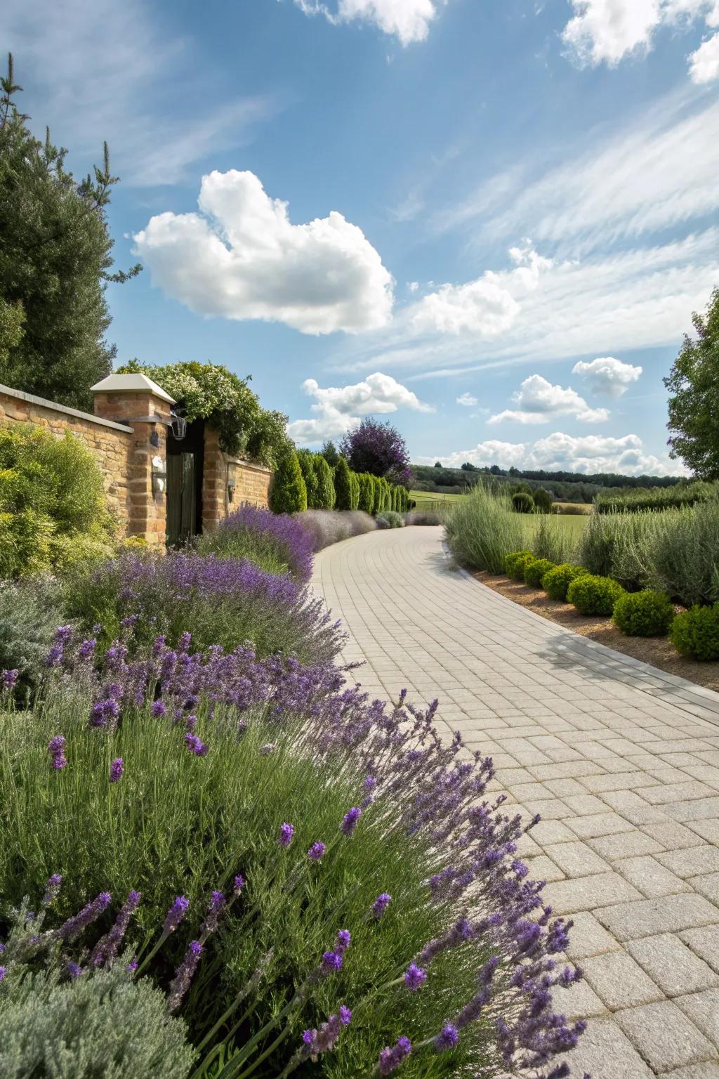 Aromatic herb borders add fragrance and charm to driveway edges.