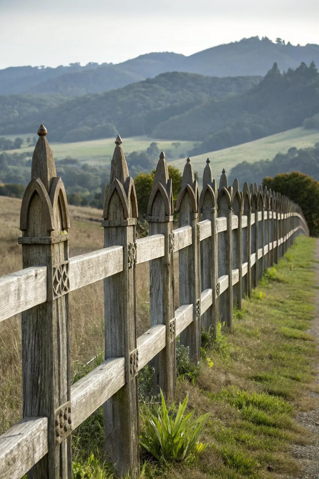 Gothic-top posts adding a dramatic flair to a split rail fence.