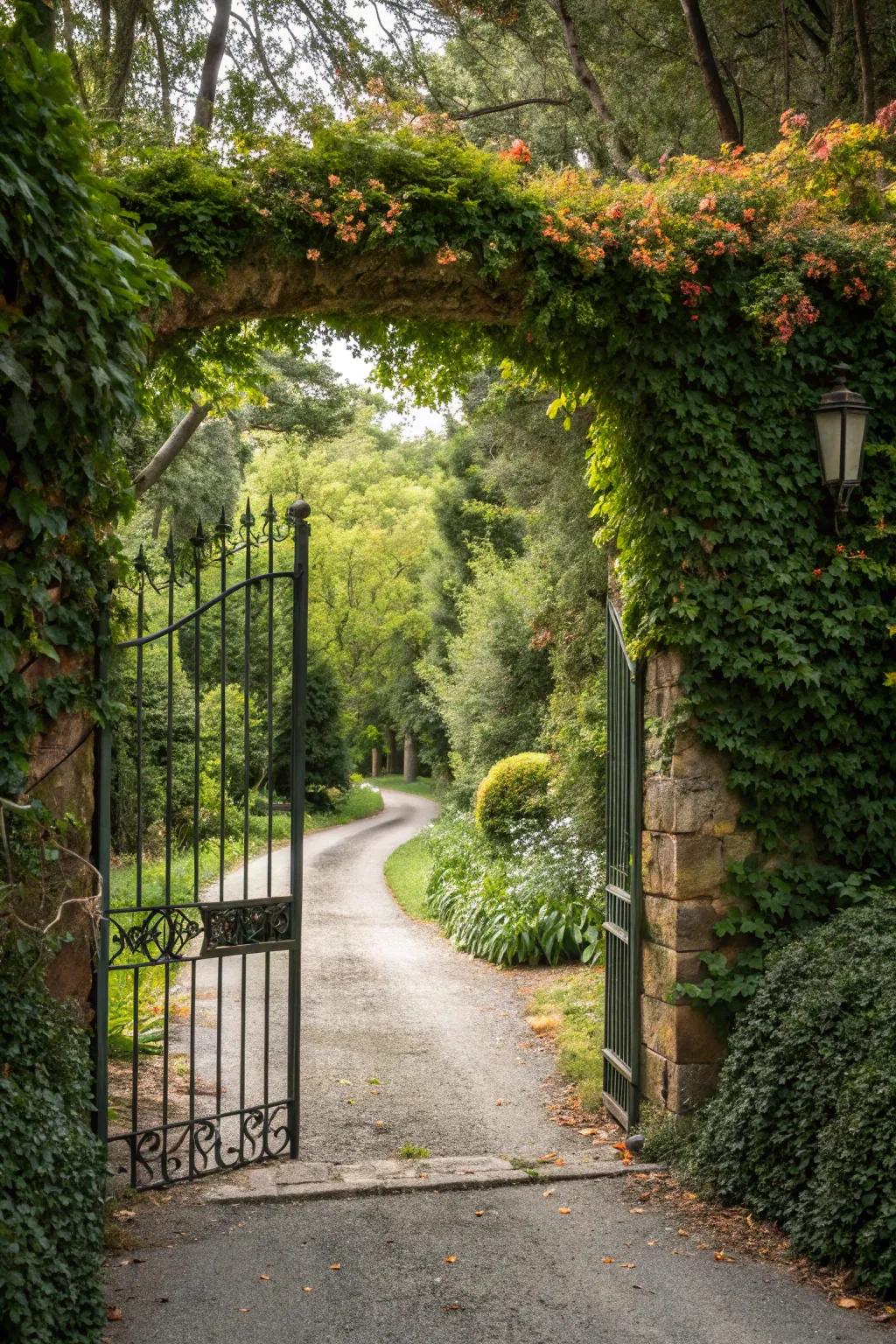 A gate framed by nature's lush greenery.