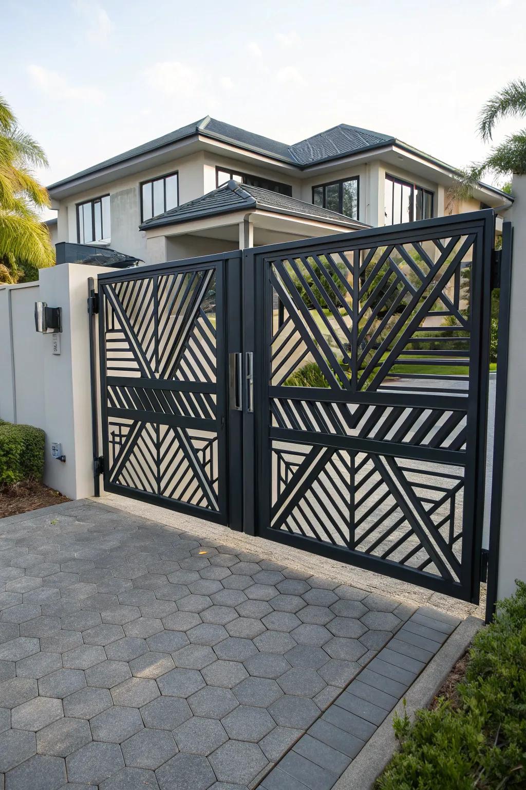 Geometric patterns add a modern touch to driveway gates.