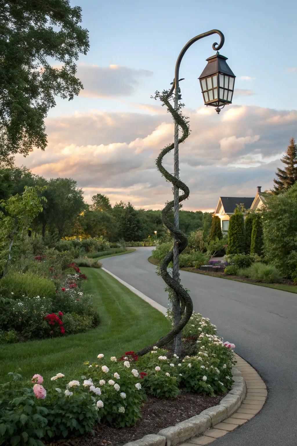 Whimsical twisting lamp post adds a touch of fantasy.