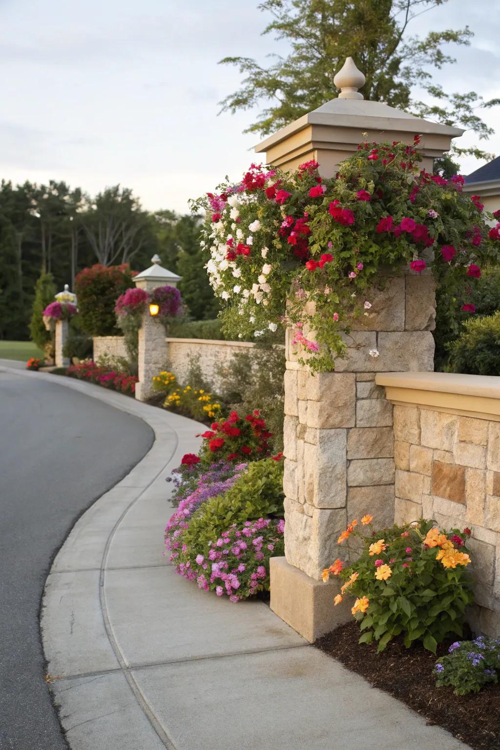 A pillar wall with flowers offers a vibrant and welcoming entrance.