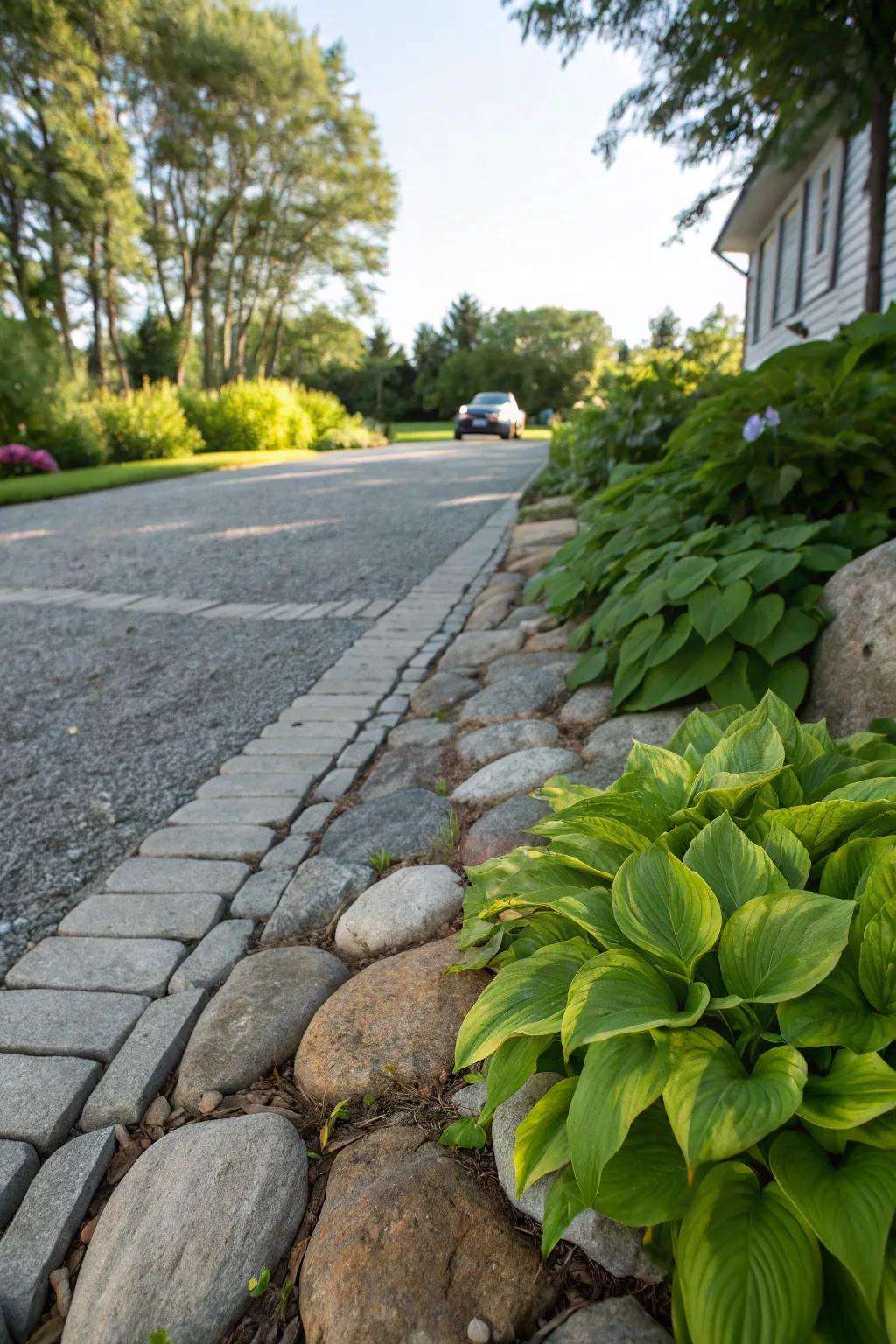 Achieve harmony with a blend of stones and plants along your driveway.