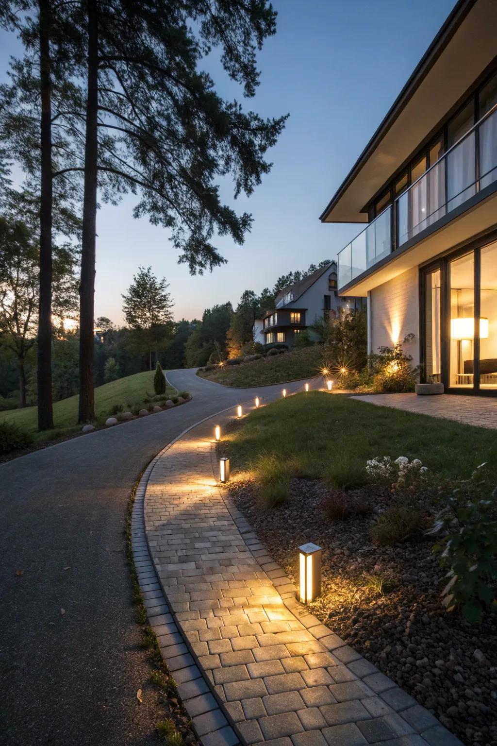 Integrated lighting adds safety and ambiance to driveway designs.