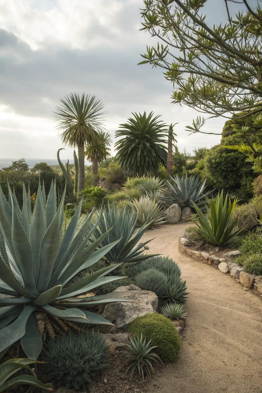 Dramatic foliage like agave adds visual interest and requires little water.