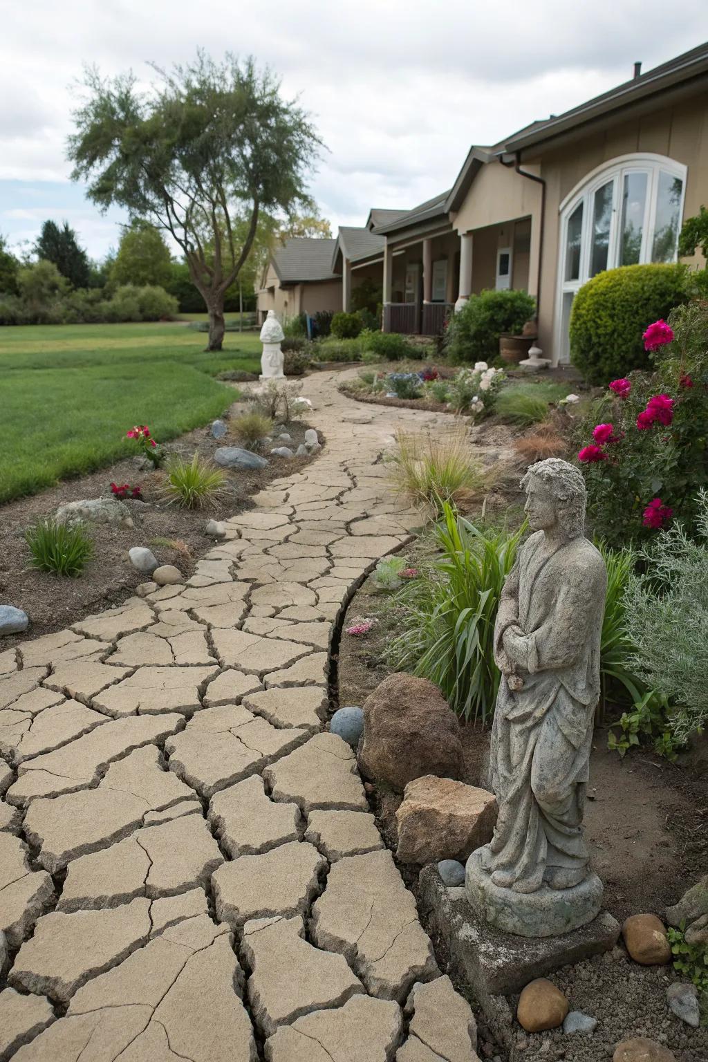 Artistic sculptures add a personal touch to a dry river bed.
