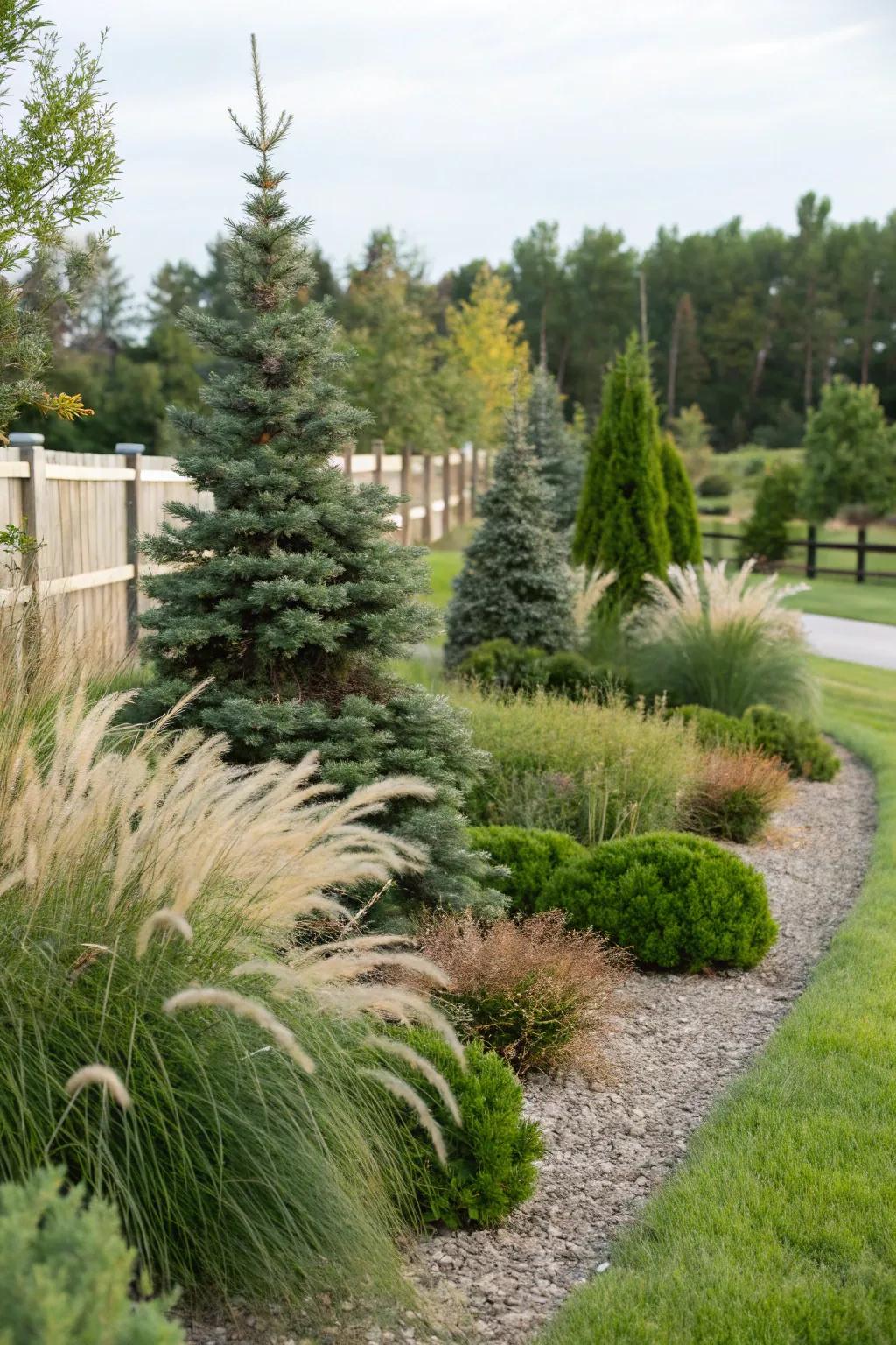 Dynamic contrast of dwarf Alberta spruce and ornamental grasses.