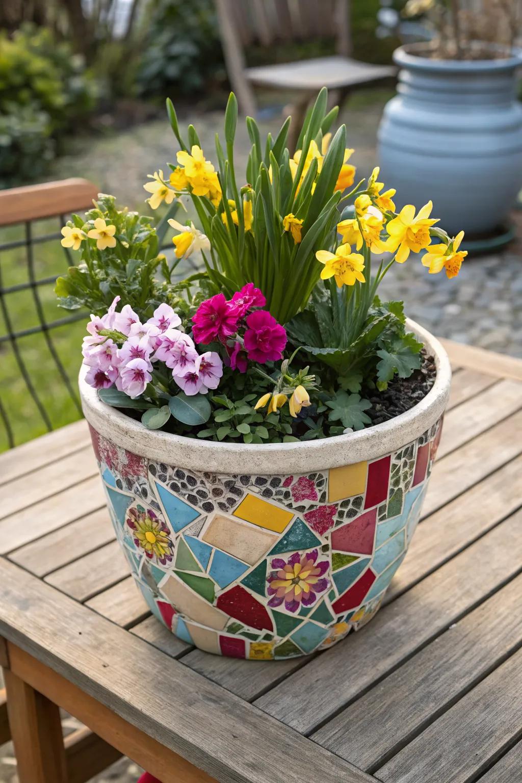 A colorful mosaic pot serving as an artistic and vibrant planter.
