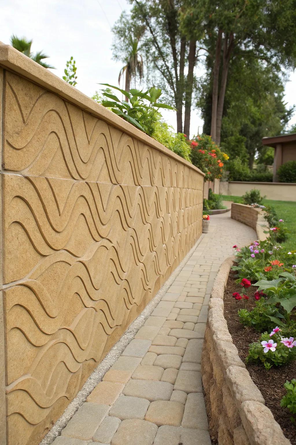 A dynamic garden wall featuring ochre wave texture stamped concrete.
