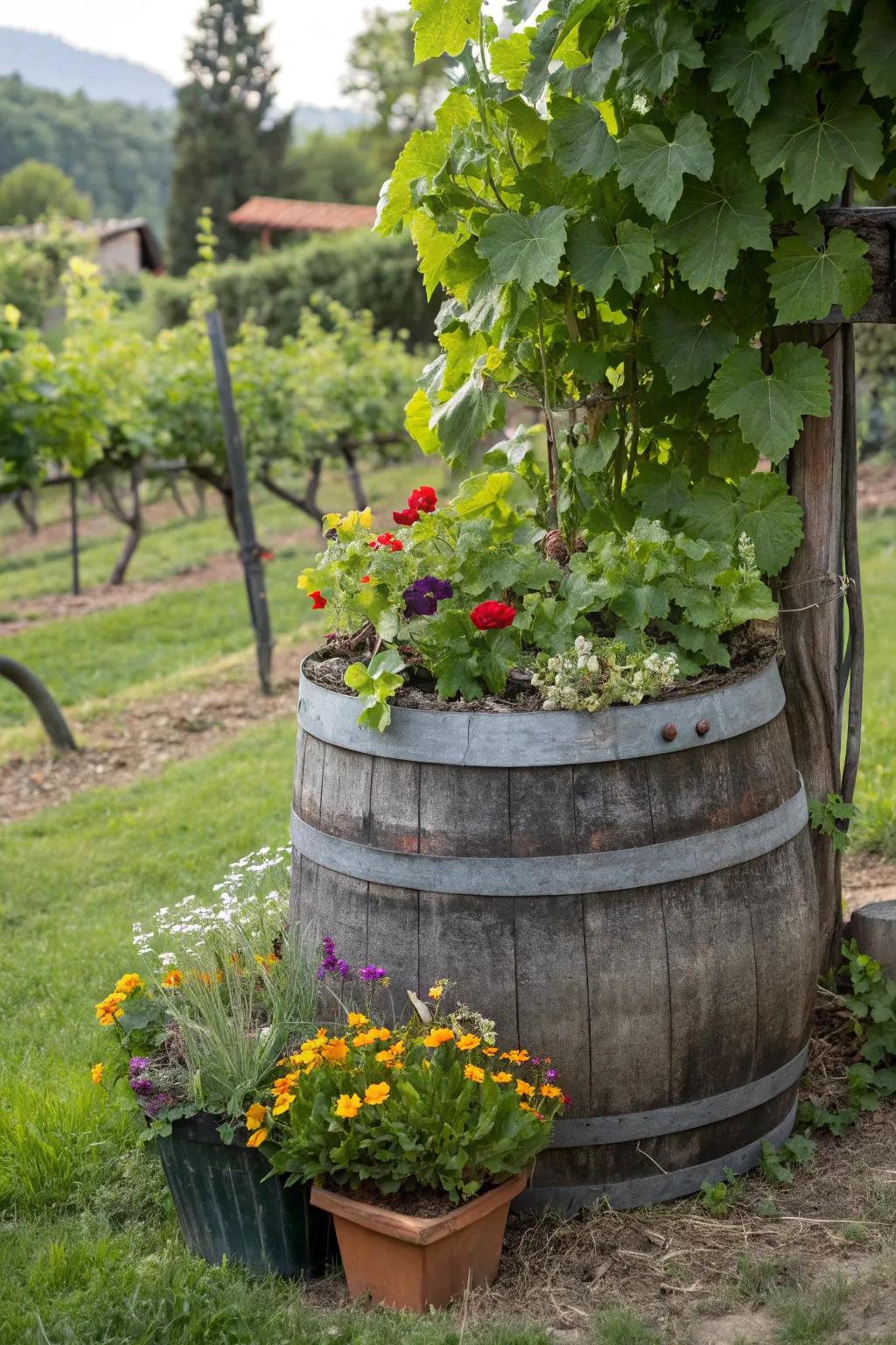 Rustic wine barrel planters for your garden.