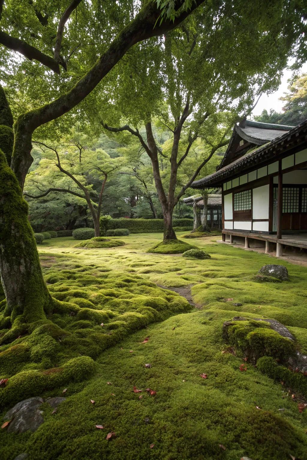 Moss lawns are lush, green, and tranquil.
