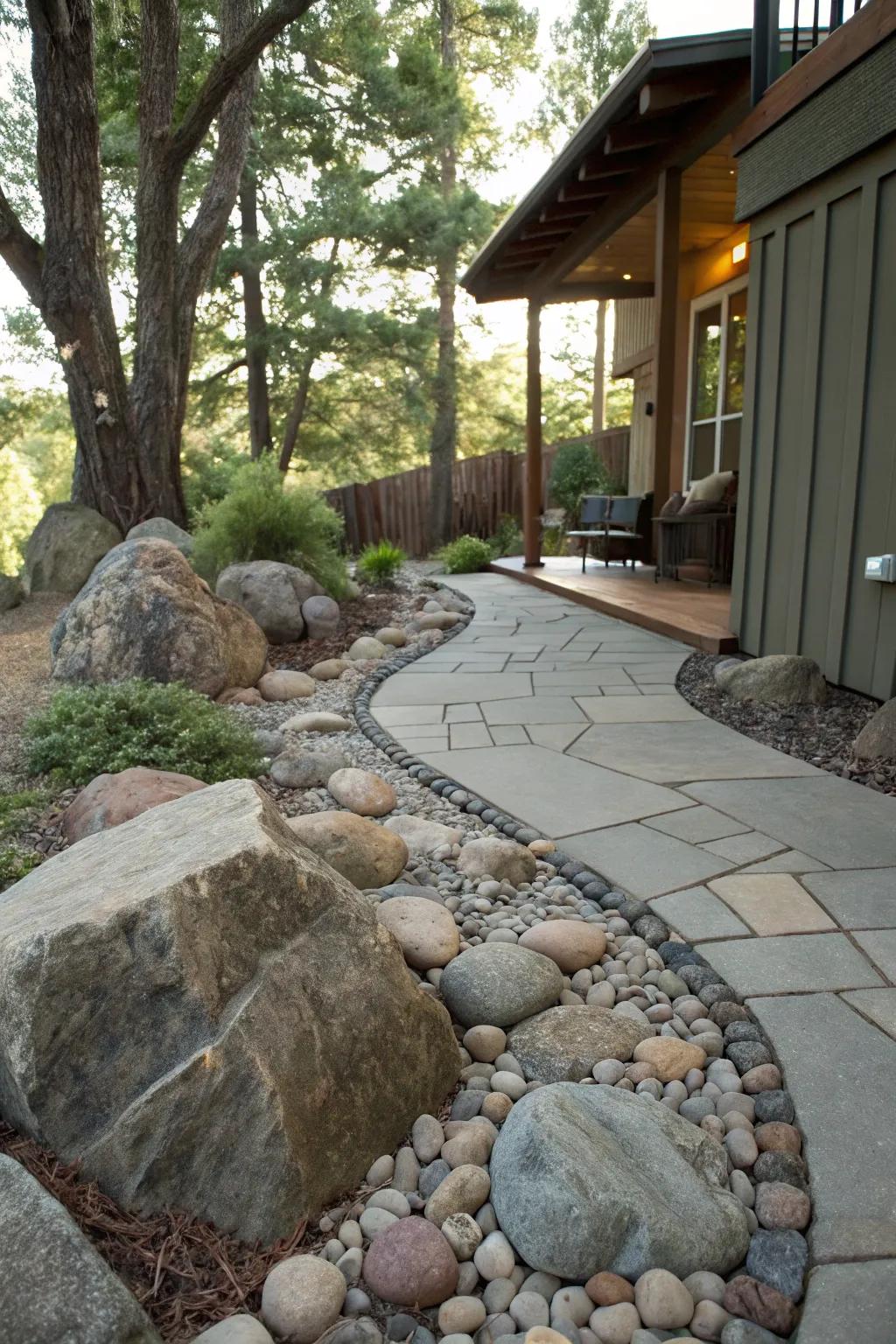 A textured patio edge with a rock garden, adding natural ruggedness.