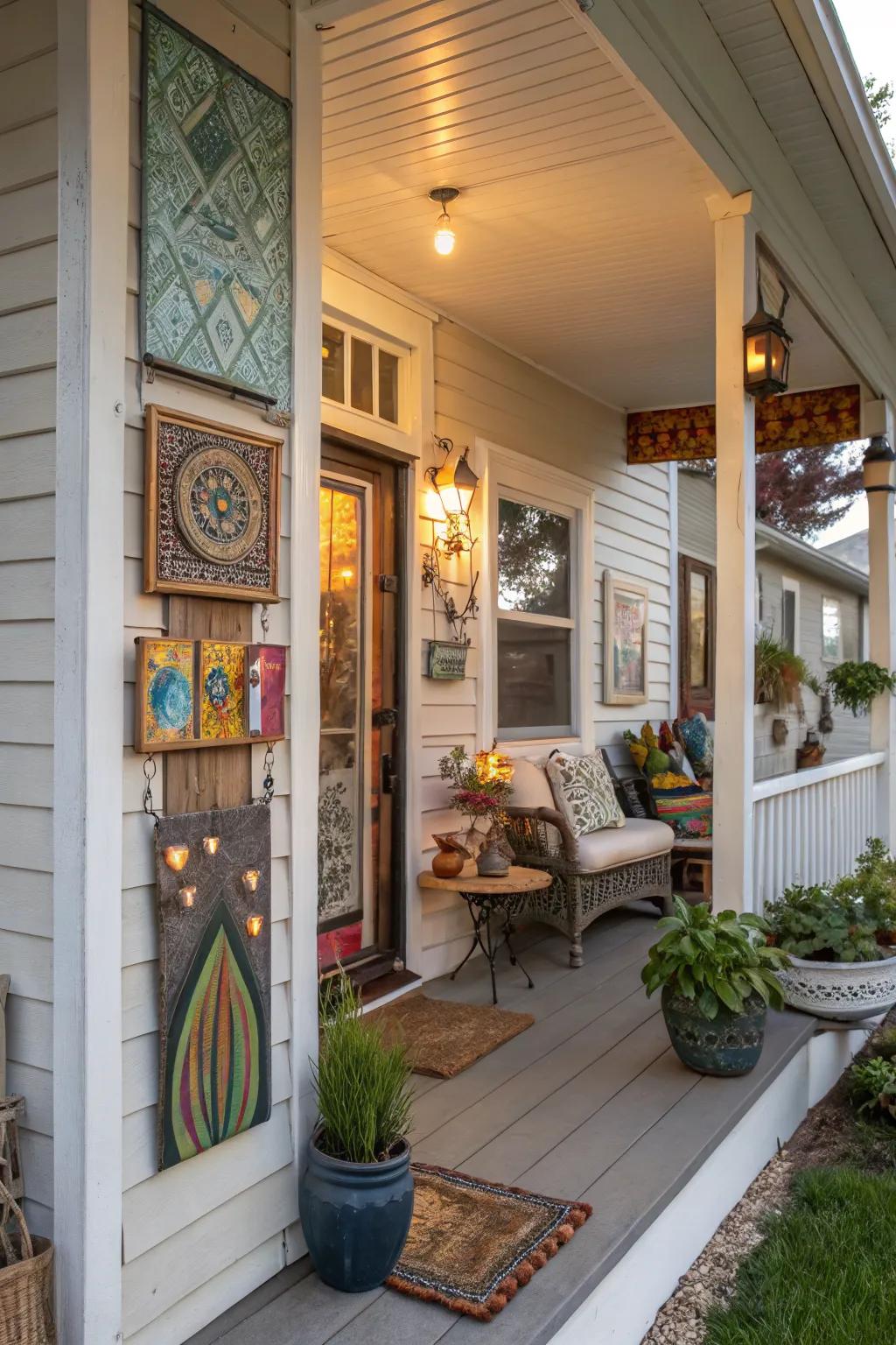 Custom art personalizes the porch with unique flair.