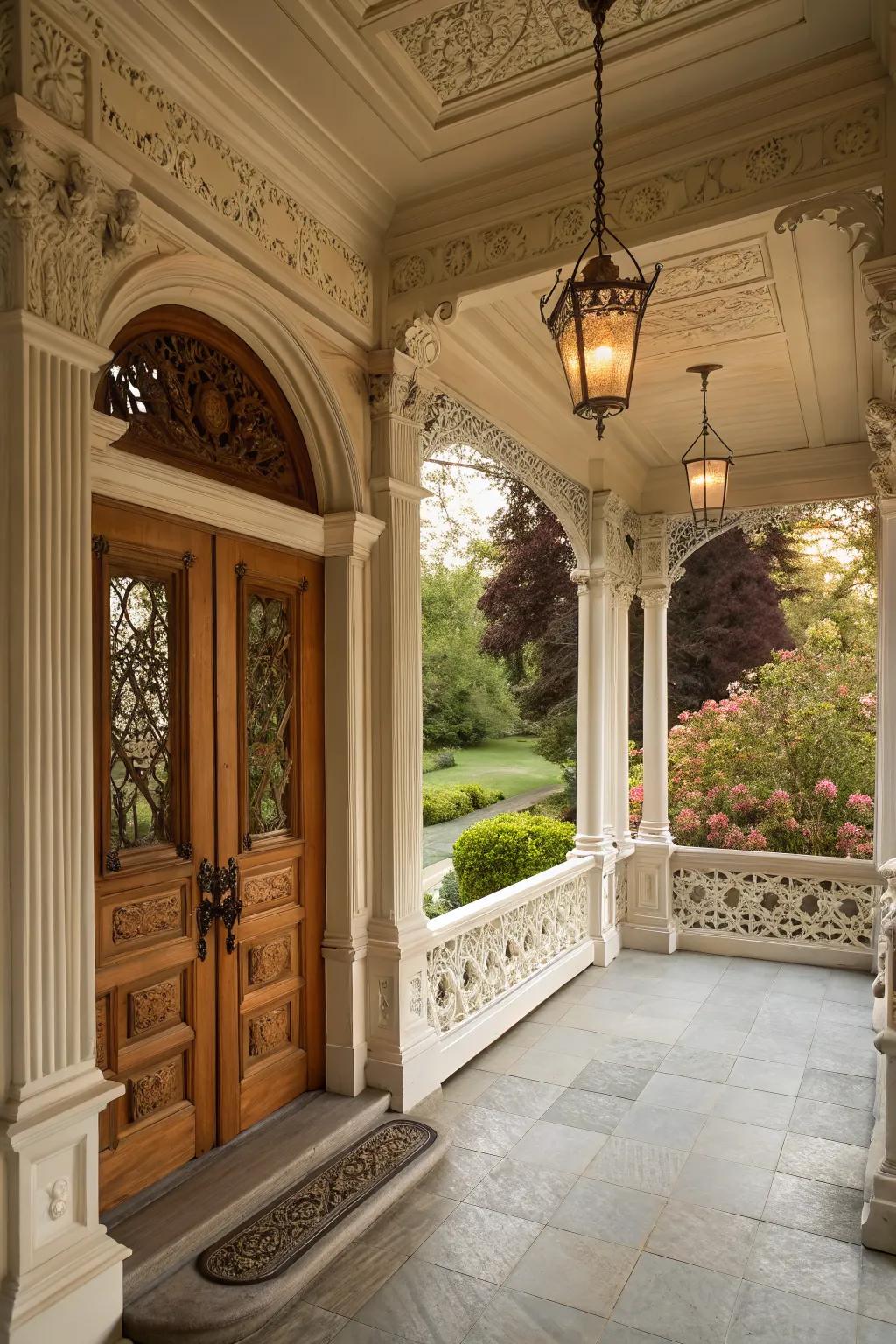 Elegant architectural details enhance the style of a small enclosed porch.