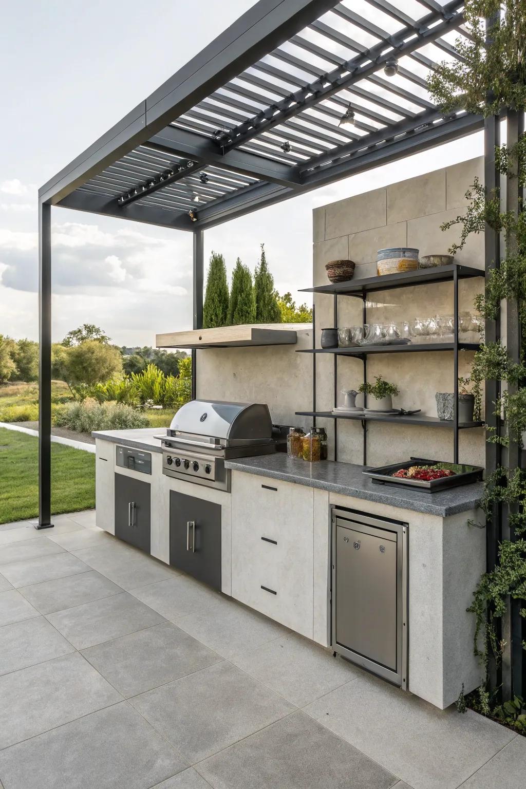 Industrial chic elements bring a modern rustic touch to this outdoor kitchen.