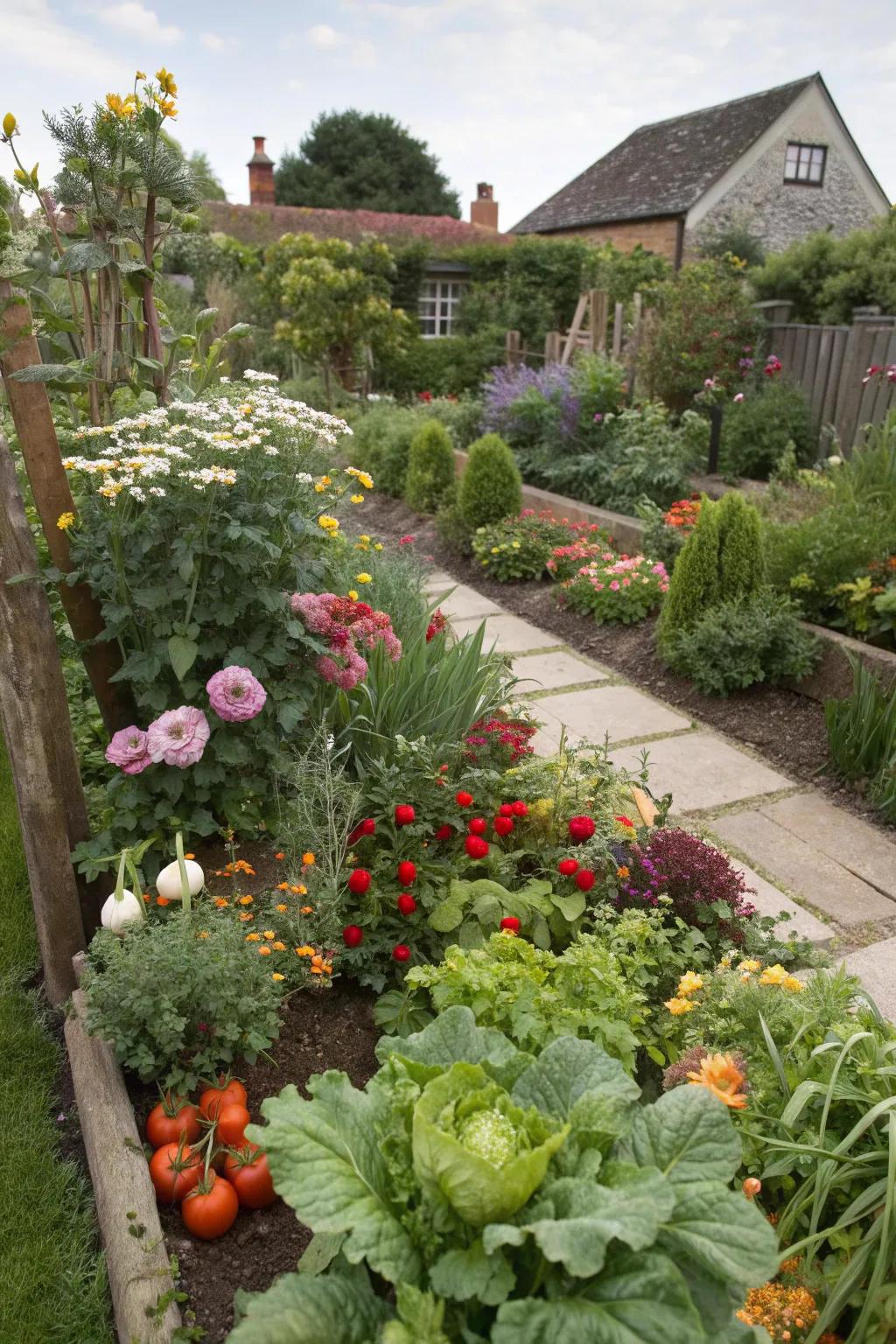 A harmonious blend of vegetables and flowers for a functional and beautiful space.