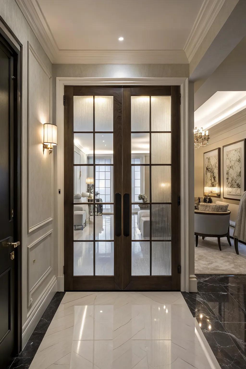 Frosted glass panels that offer privacy while maintaining a stylish look.