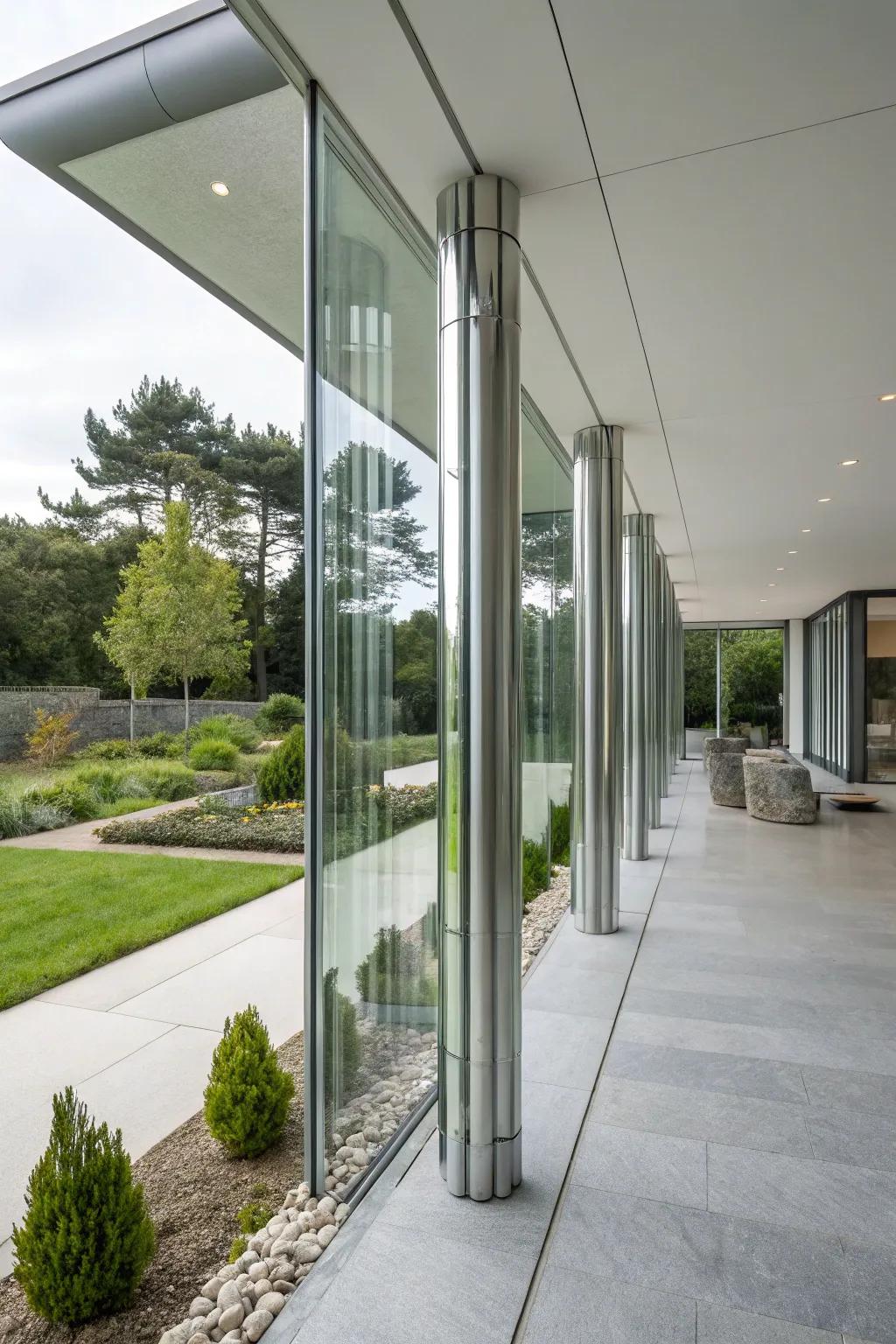 Glass columns create a futuristic porch.