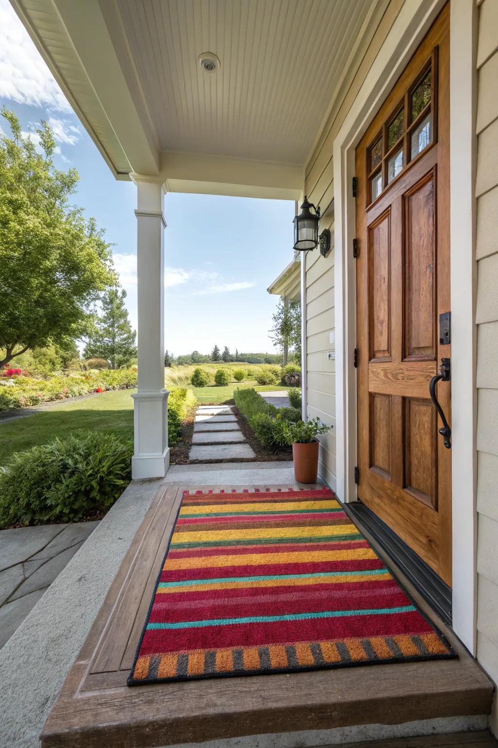 A bold doormat adds personality to the entryway