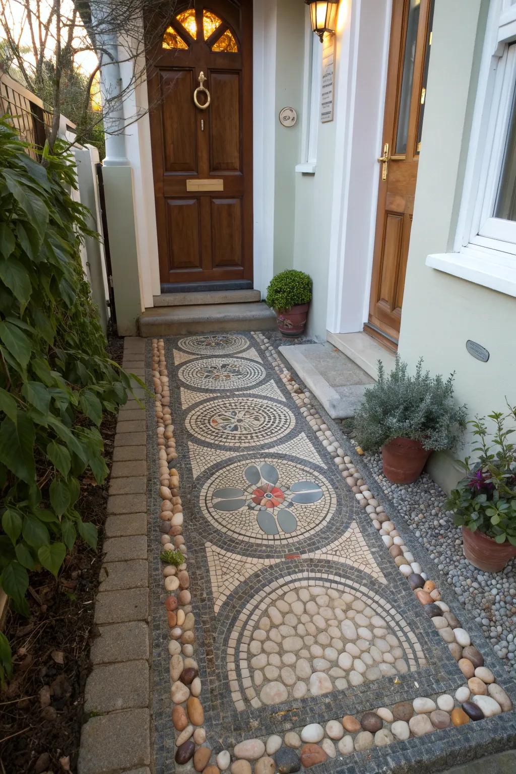 A pebble mosaic path adds a personalized artistic element.