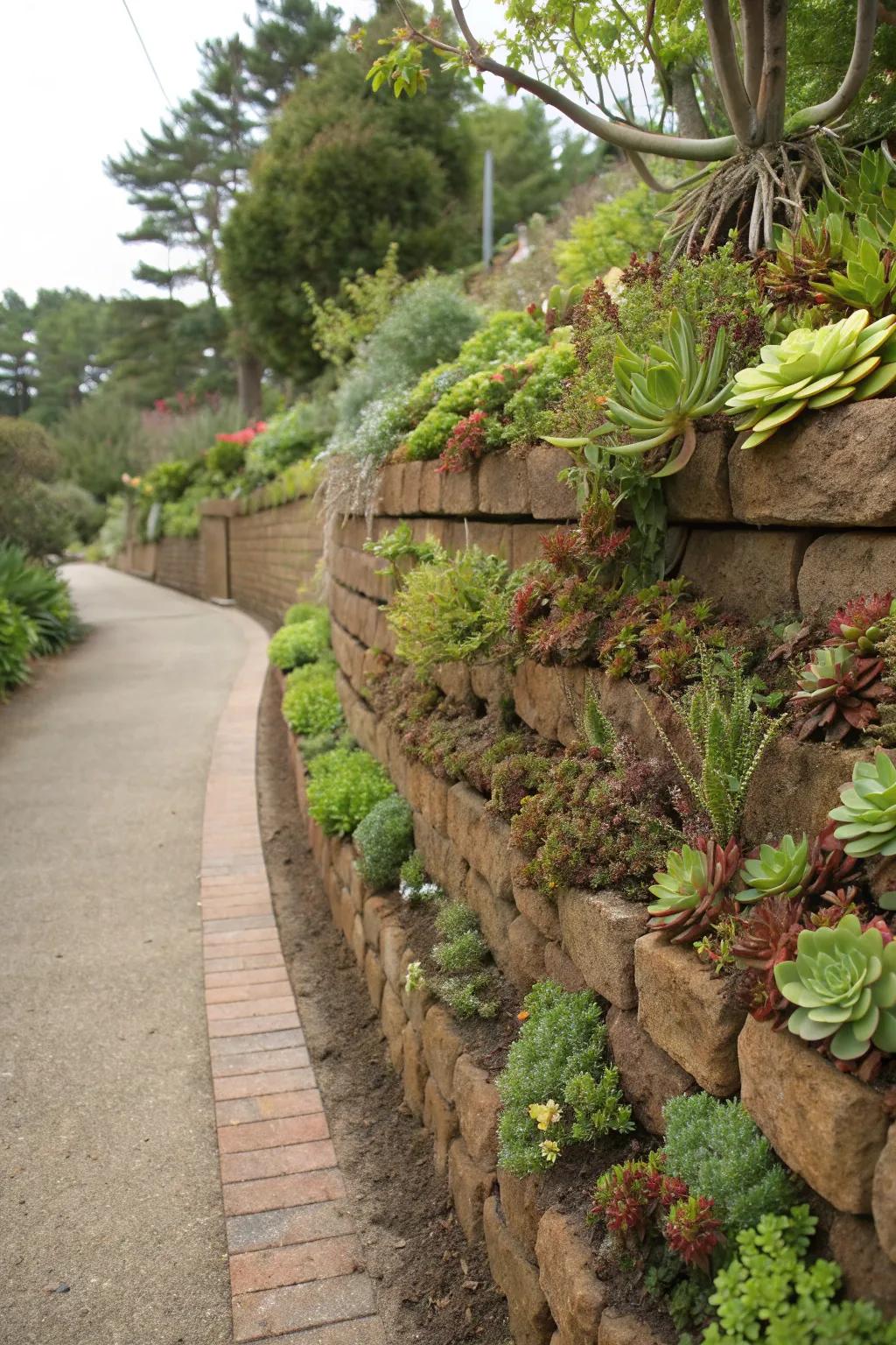 A vibrant living wall made of succulents, preventing soil erosion.