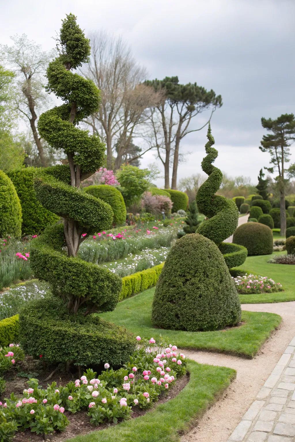 Whimsical spiral topiaries add artistic flair.