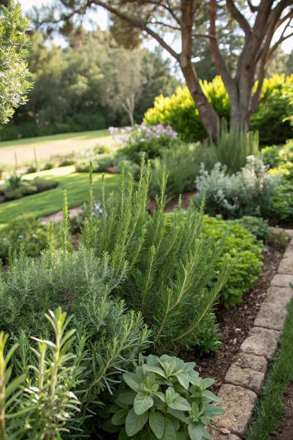 Rosemary and other edible evergreens in a garden, serving dual purposes.