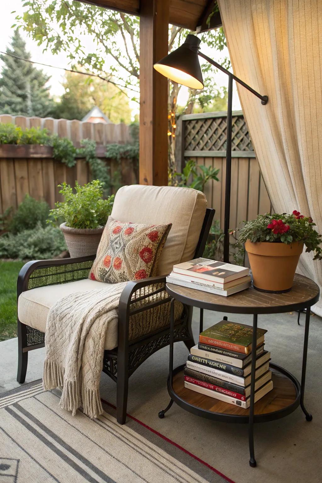 A reading nook offers a peaceful escape on your patio.