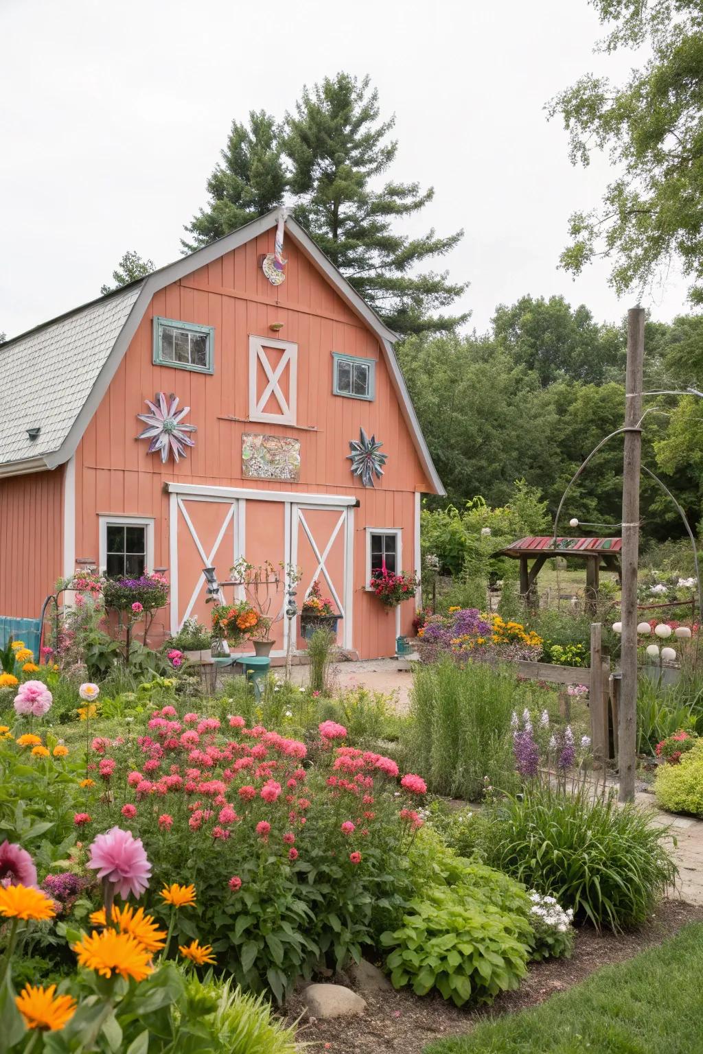 A coral barn that exudes playful charm and vibrant energy.