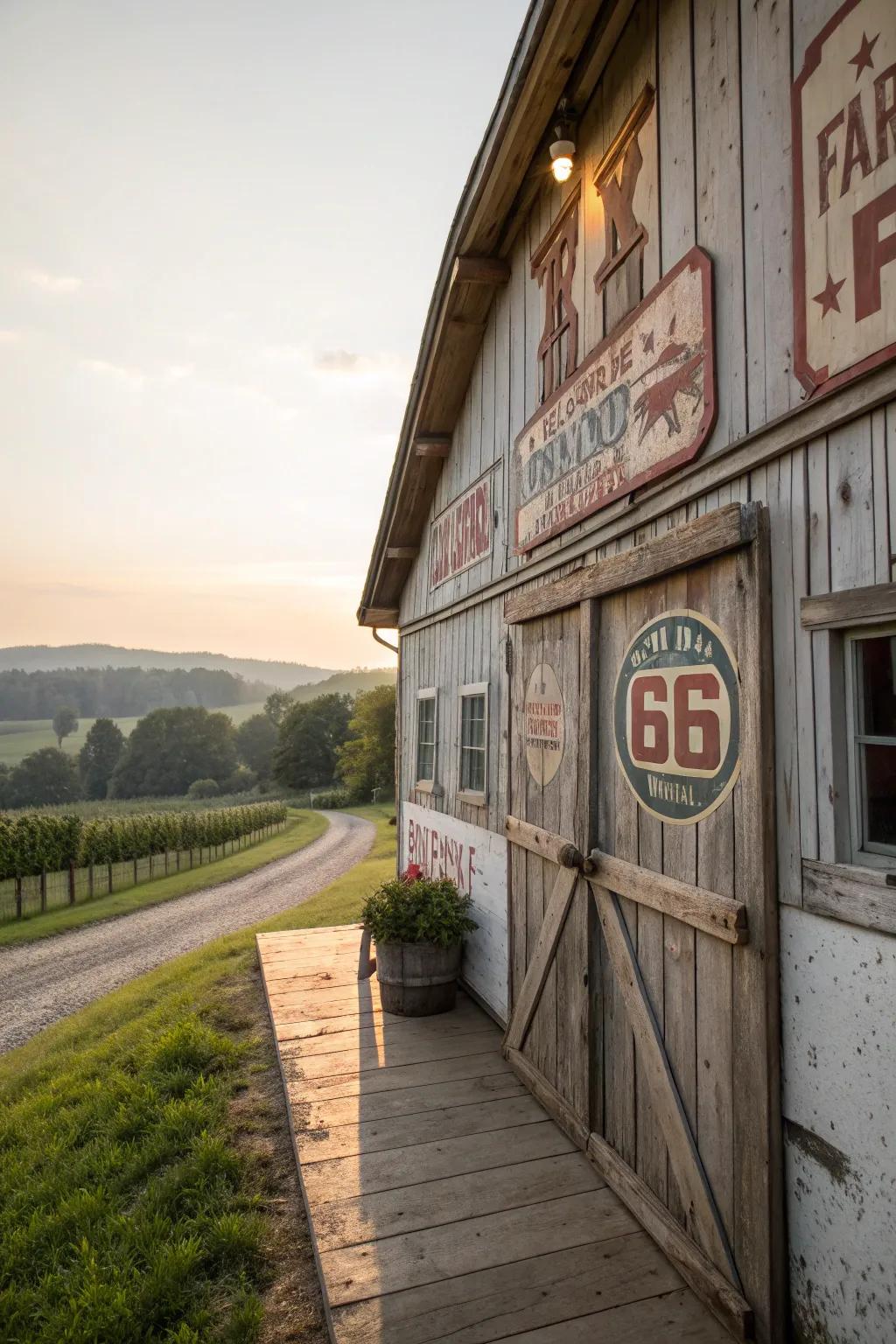 Weathered signs add history and charm to barn exteriors.