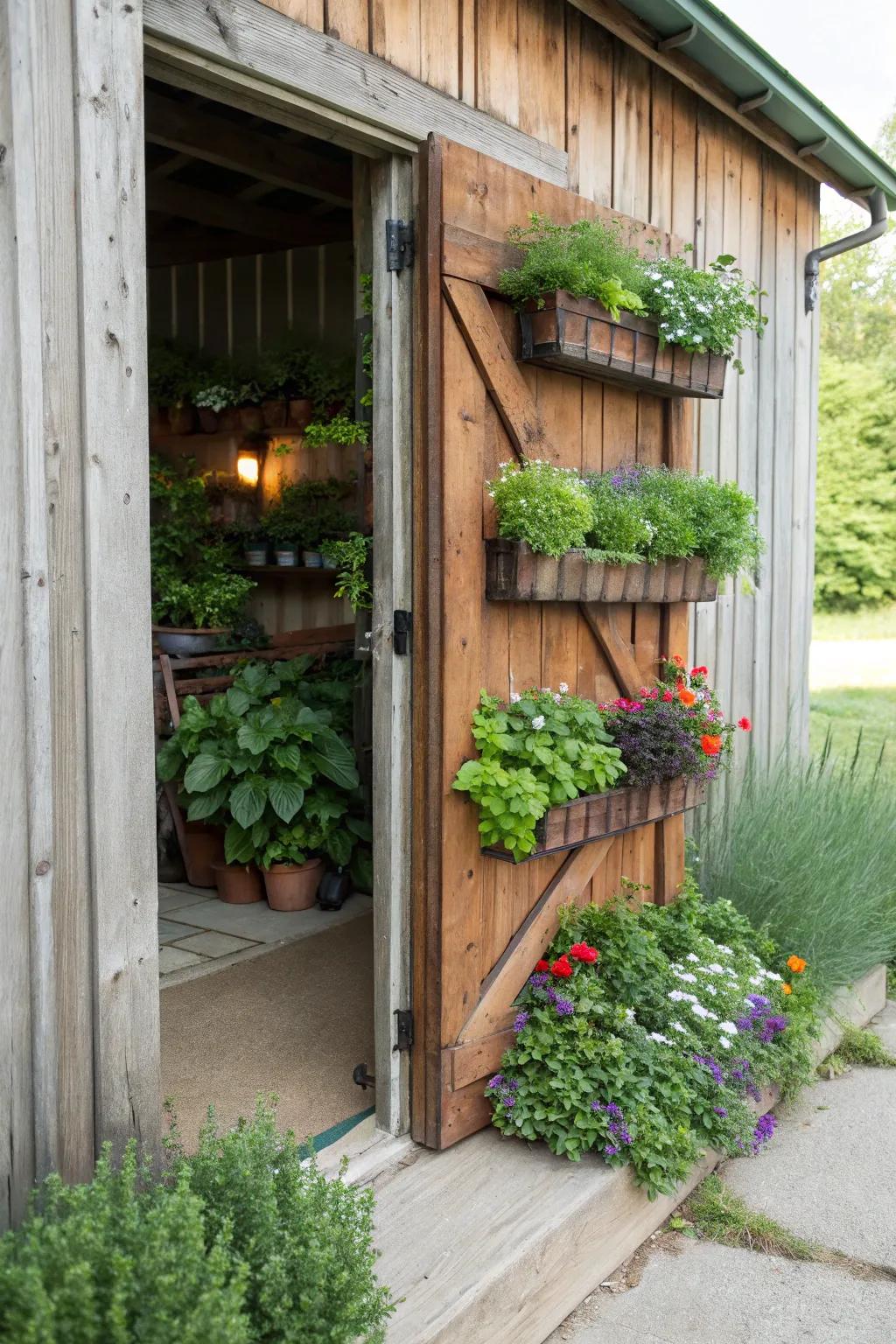 Charming barn door with built-in planters.