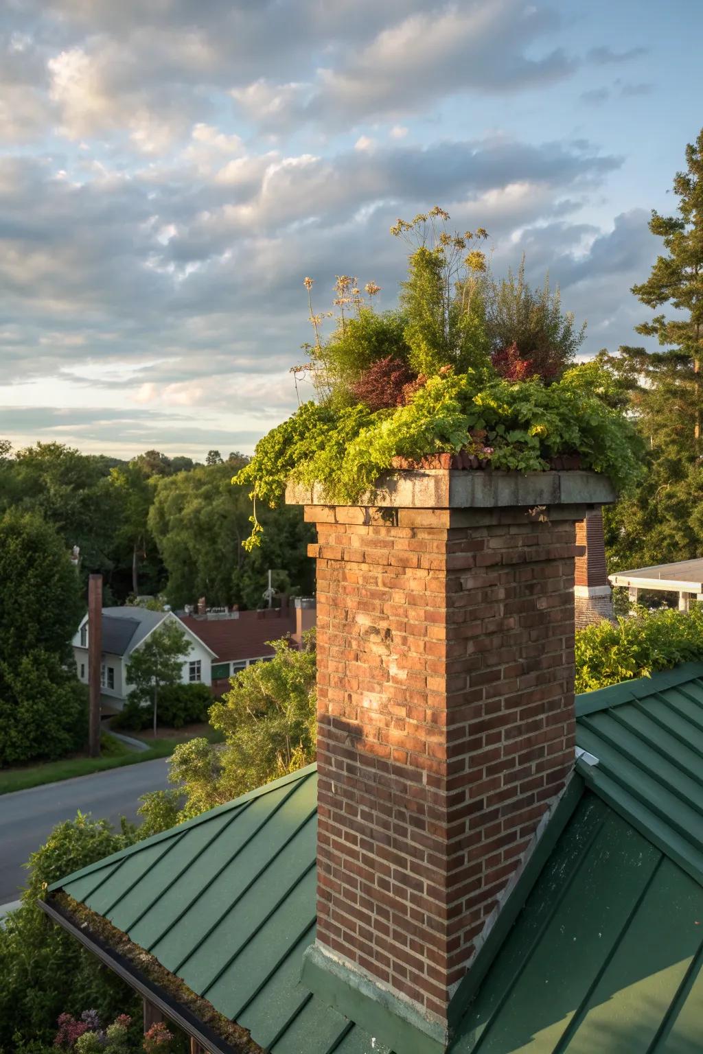 A green roof chimney that integrates nature into the urban landscape.