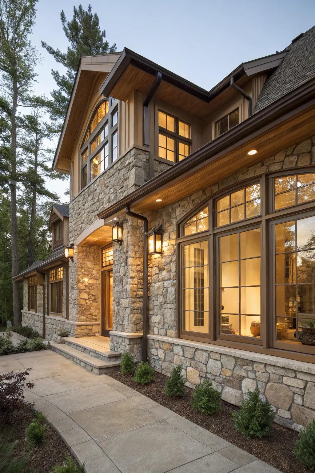 Natural materials adding warmth and harmony to transom windows.