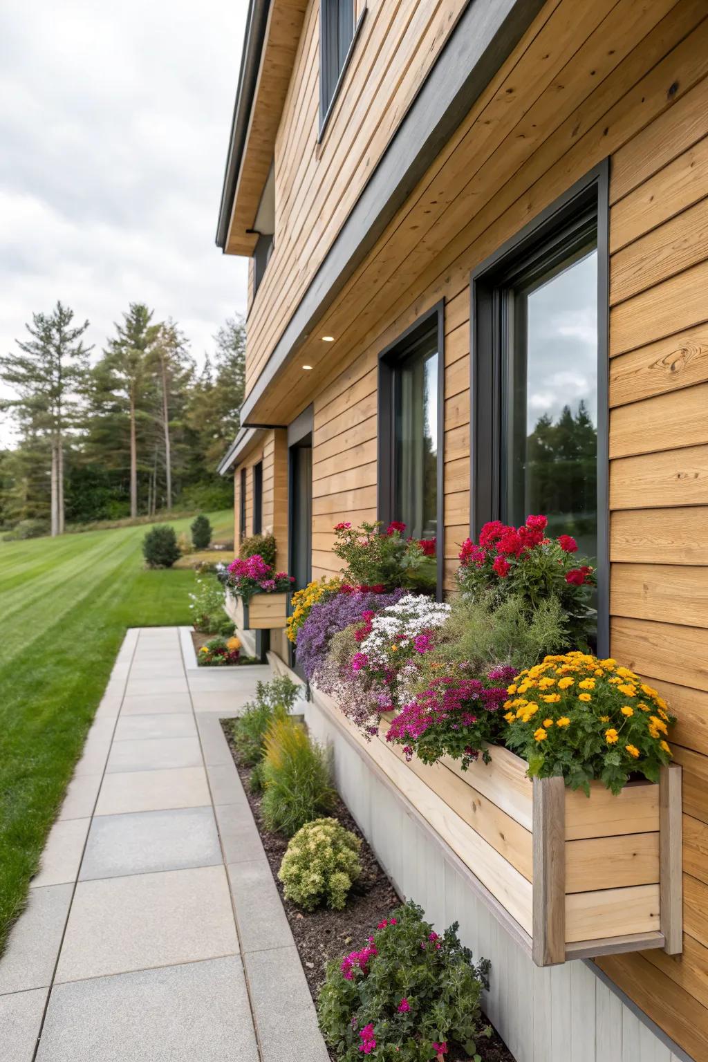 Home with integrated wood cladding planters