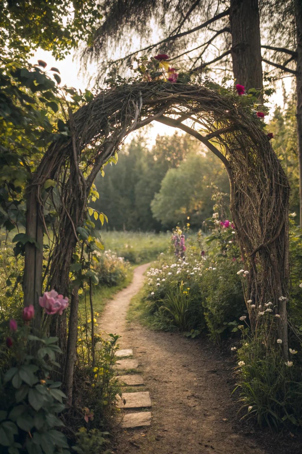 An enchanting twig and vine archway inviting entry to a fairy realm.