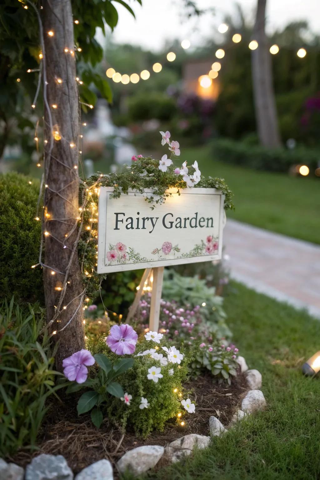 Fairy garden sign featuring individual fairy names in a whimsical garden setting.
