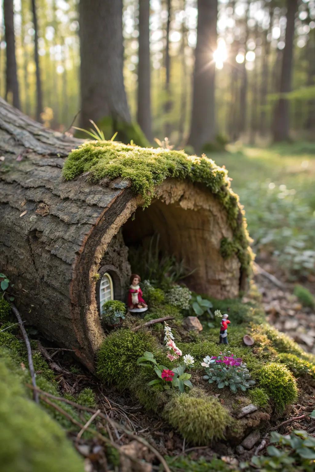 A hollowed log serves as a rustic fairy garden container.