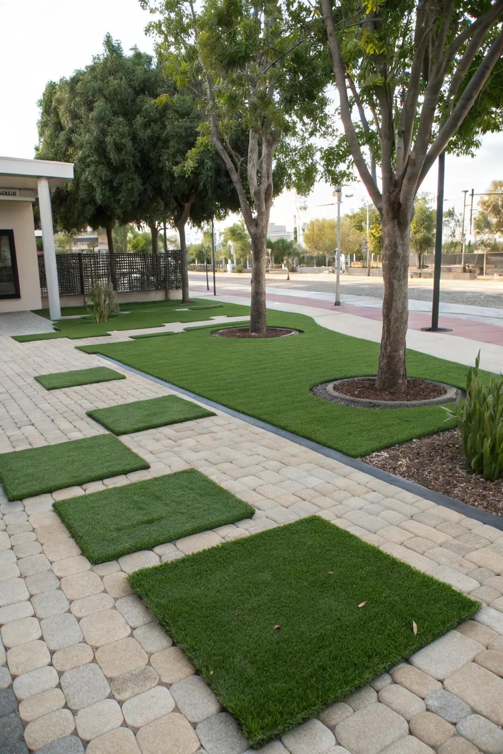Creative artificial grass rugs in a small garden space.