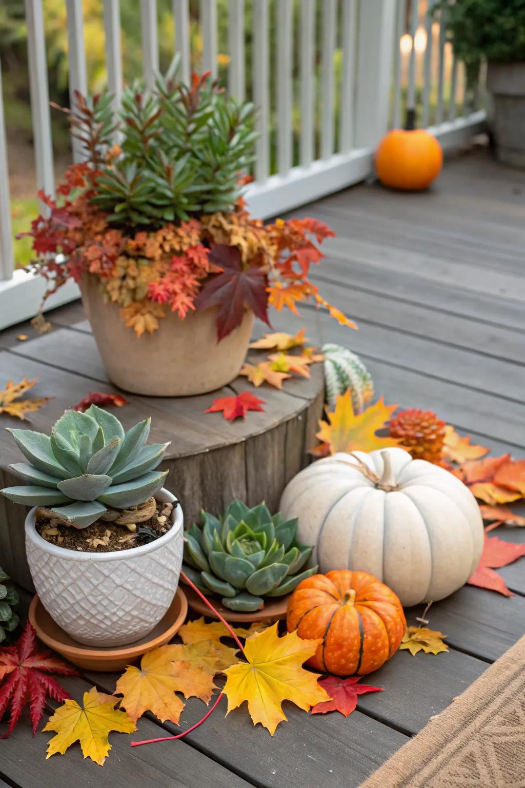 Succulents bring a unique and unexpected element to the fall deck decor.