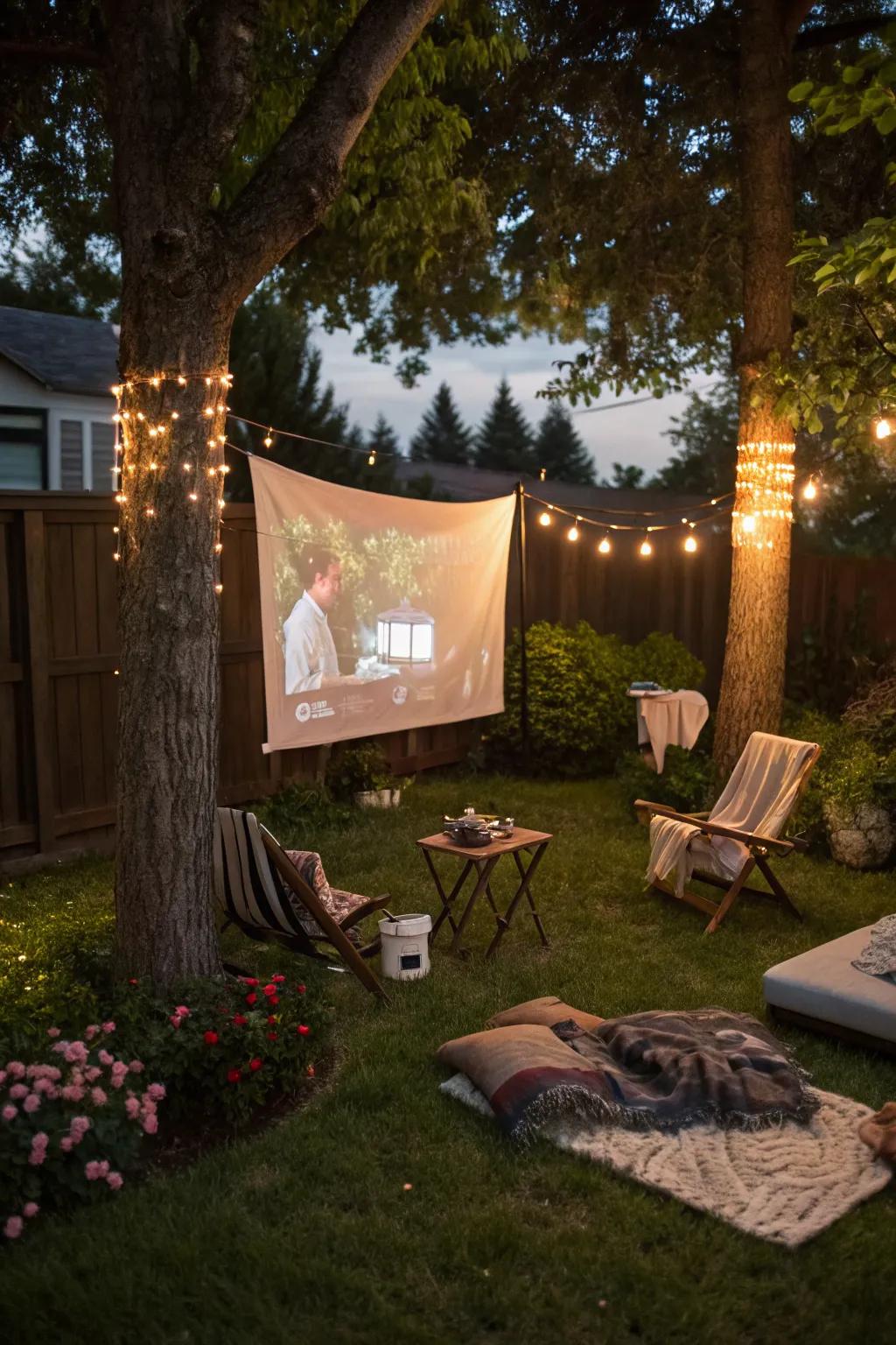 An inviting setup for outdoor movie nights.
