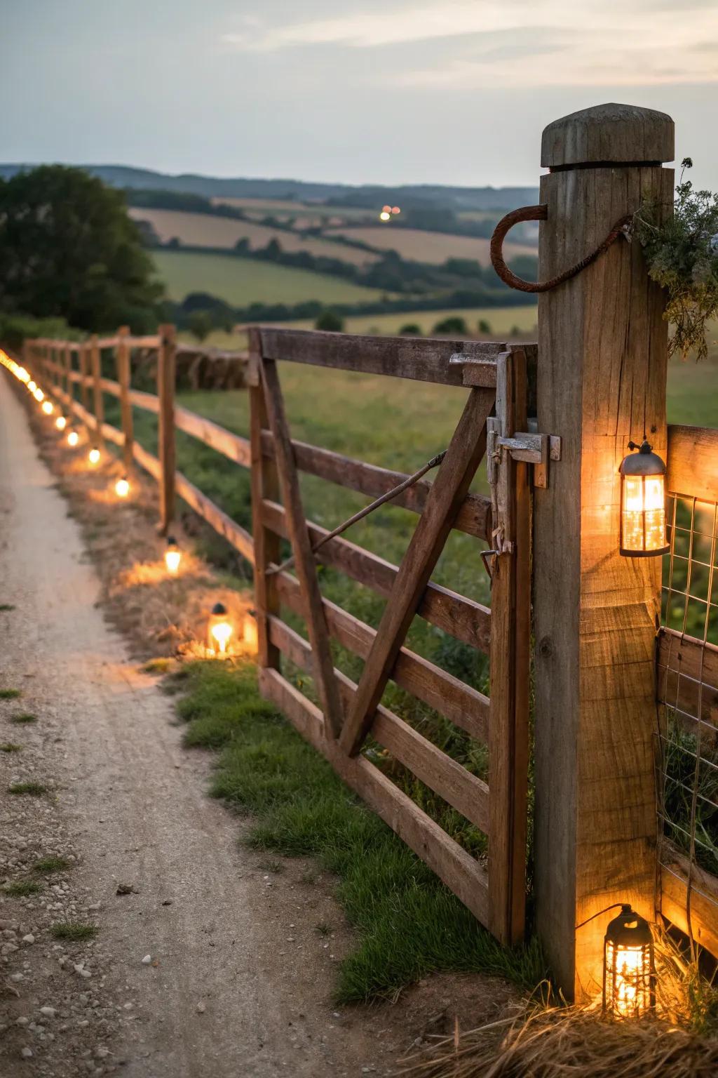 A gate warmly lit by solar lights for an inviting entrance.