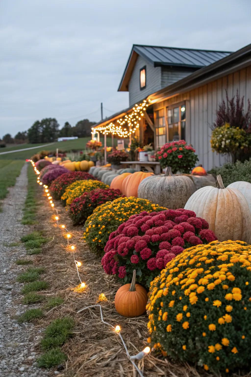 Seasonal decorations like pumpkins and lights keep this farmhouse garden engaging throughout the year.