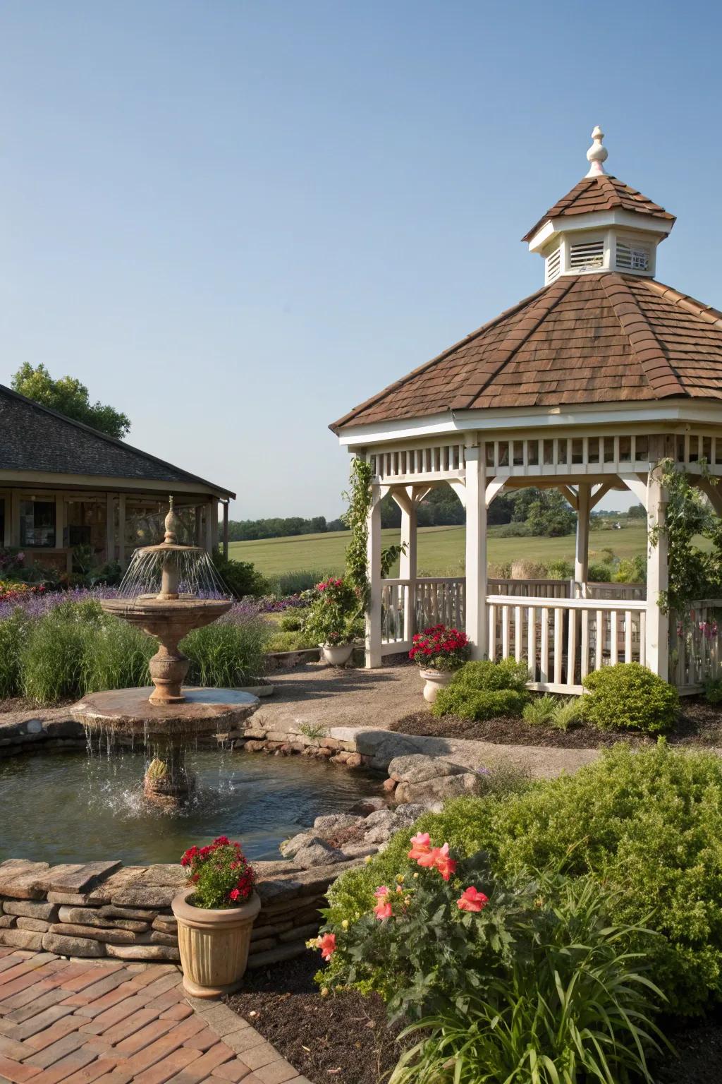 A water feature adds tranquility to this picturesque gazebo setting.