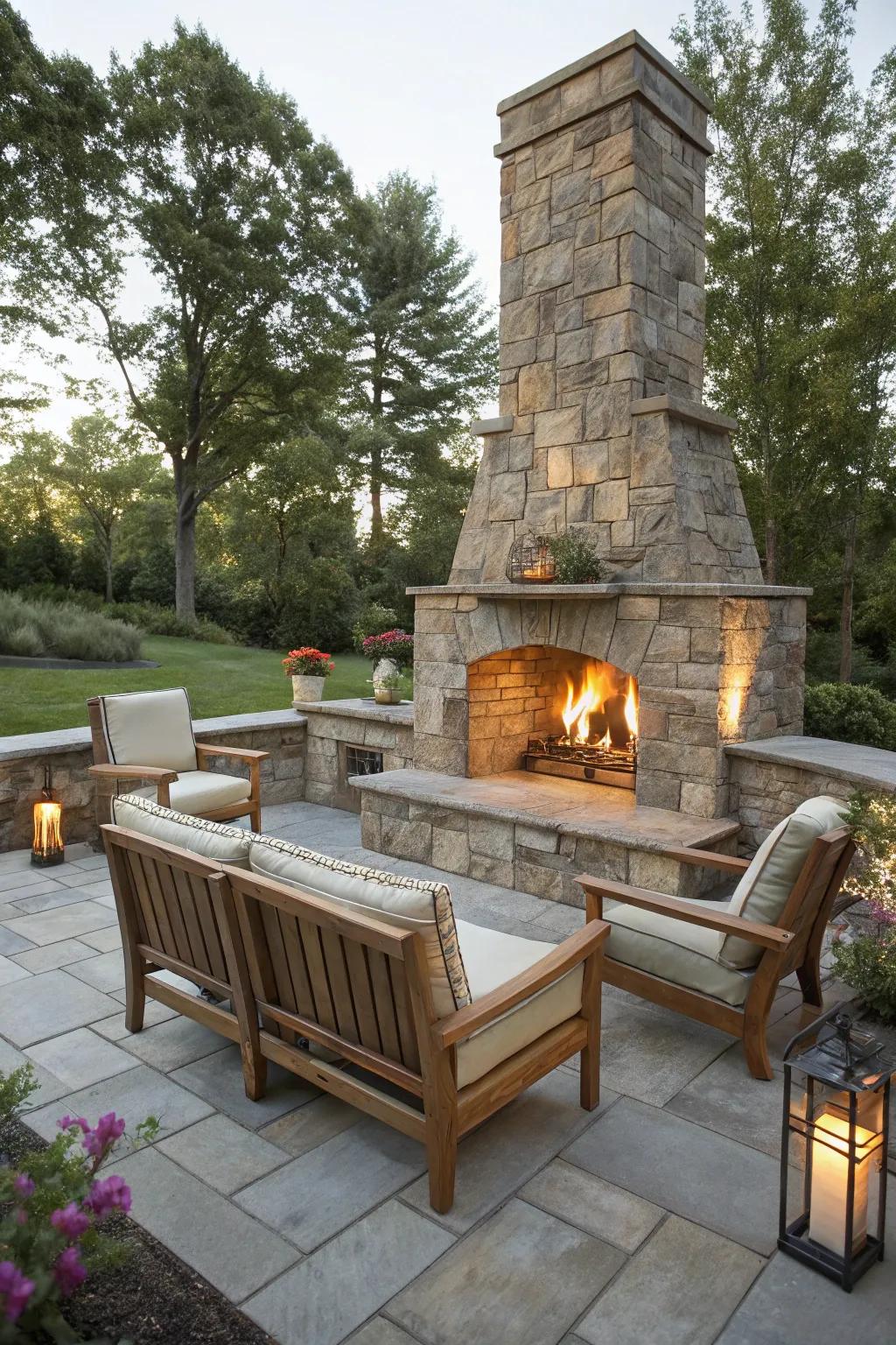 A rustic stone fireplace perfect for outdoor gatherings.