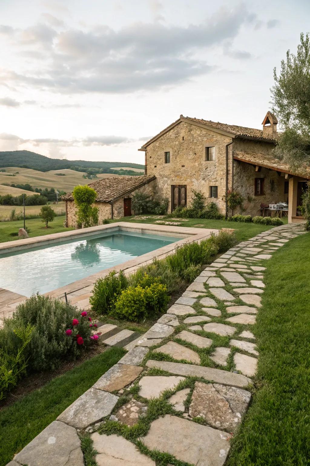 A stone pathway adds charm and guides guests to the pool.