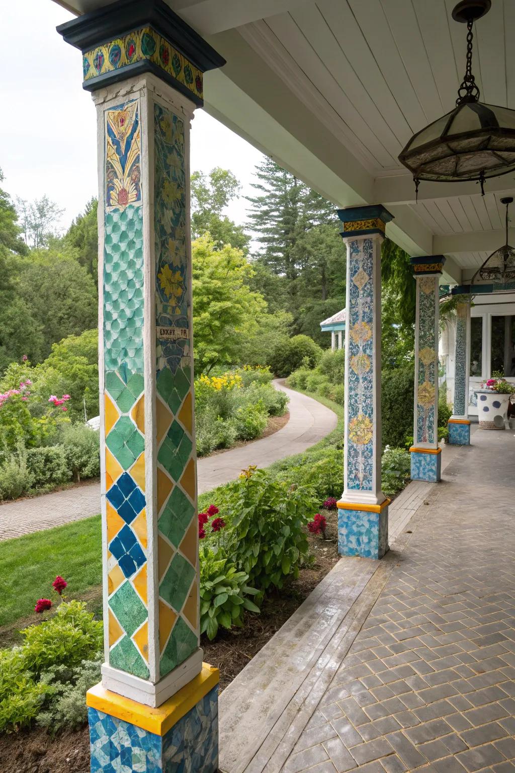 Mosaic tiles add a splash of color to these farmhouse columns.