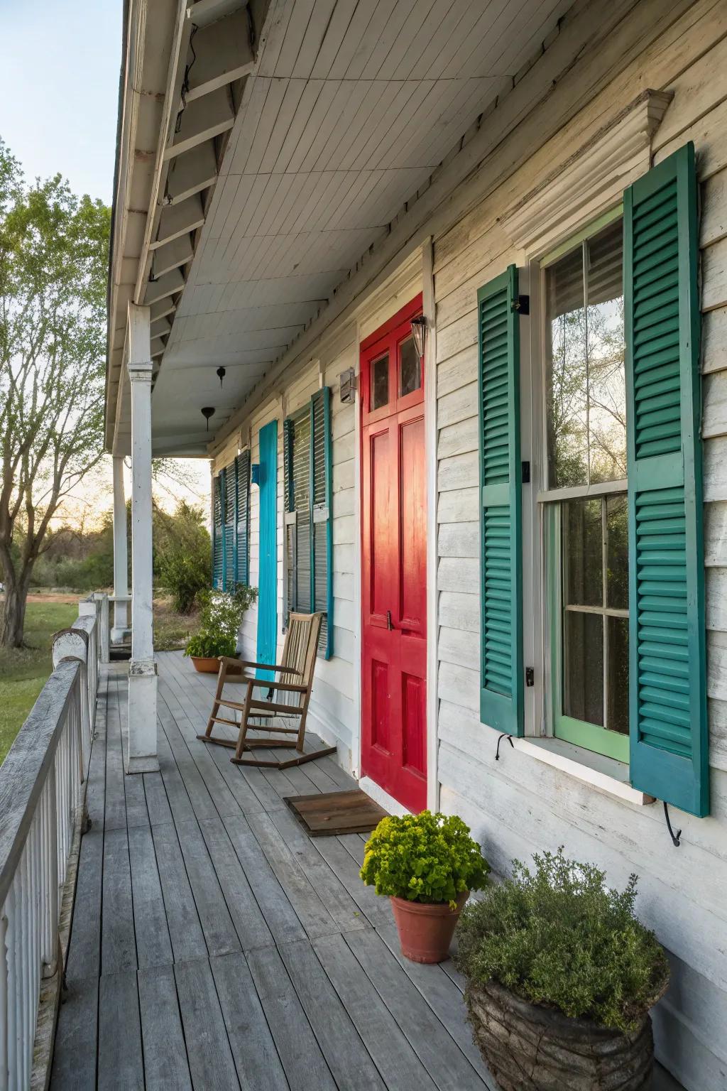 Colorful shutters add a vibrant touch to the porch.