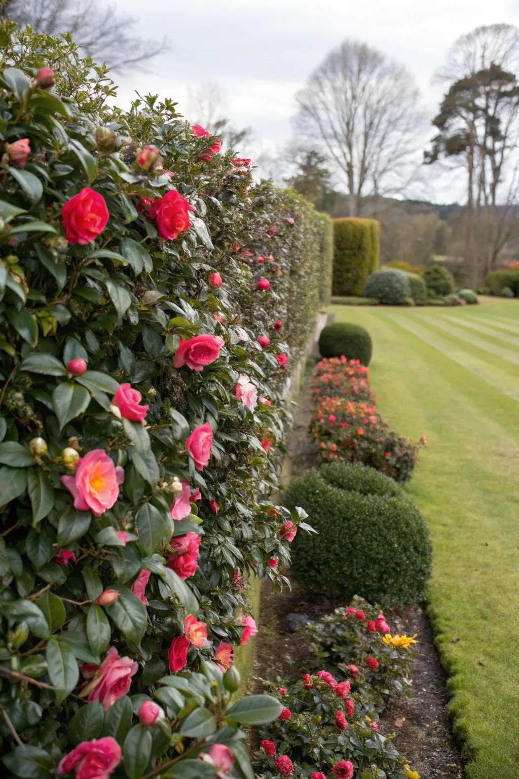 Camellia hedges offer year-round beauty and color.